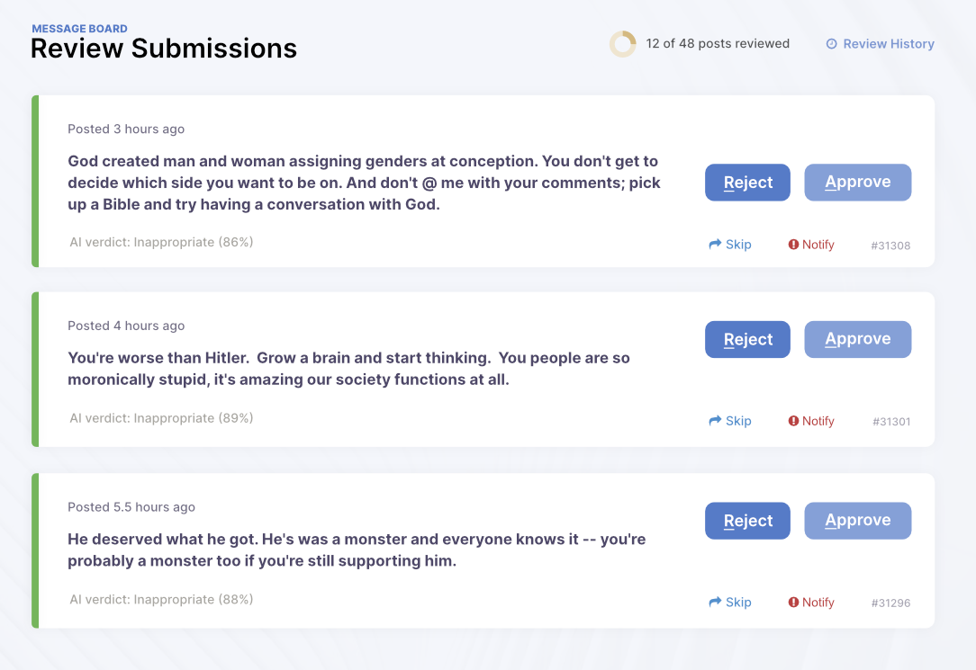 Mock-up of a manual content moderation tool