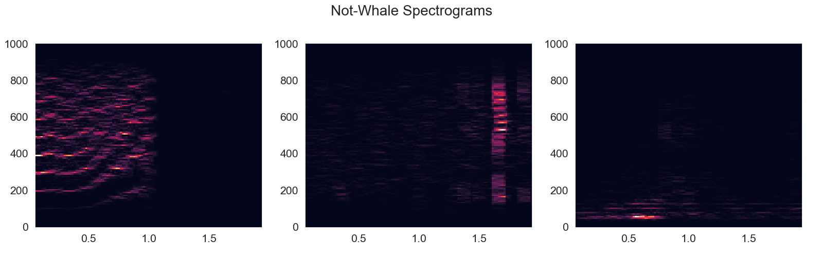 Three example spectrograms that don't contain a right whale call